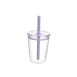 Close-up detail of the clear Tritan cup featuring a purple straw and matching lid.