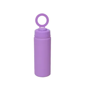 Purple stainless steel water bottle detail showing round ring lid and matte finish.