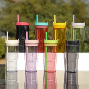 Colorful 40oz plastic tumbler cups with straw, large capacity travel mug detail view.