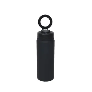 Detail view of stainless steel vacuum sports water bottle featuring a matte black magnetic ring lid.