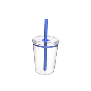 Detail view of the 12oz clear tritan straw cup with vibrant blue straw and lid seal.