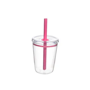 Clear 12oz Tritan straw cup detail, featuring pink lid ring and matching straw design.