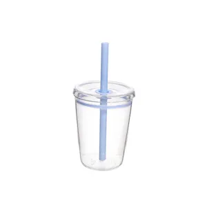 Clear 12oz Tritan straw cup with light blue lid and straw, perfect for daily coffee and drinks.