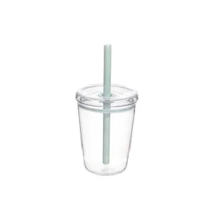 Detail shot of the 12oz clear tritan straw cup with pastel green straw and lid ring.