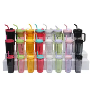 Large Capacity Plastic Tumbler Car Cup With Handle And Straw Portable Travel Mug Modern Style Drinking Cup