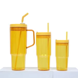 40oz large capacity plastic travel tumbler set with straw and handle for daily use, yellow.