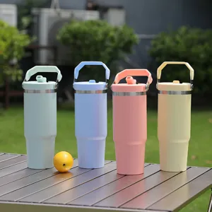 30oz insulated tumbler with foldable straw lid, portable handle, pastel colors, daily use.