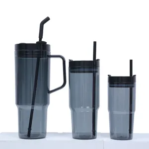 Set of 3 large capacity grey plastic tumblers with handle, lid and straw for outdoor travel.