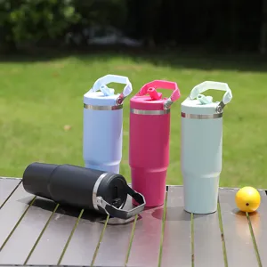 30oz stainless steel tumbler with straw lid and handle, double wall vacuum insulated travel mug.