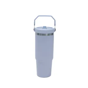 30oz stainless steel insulated travel mug with folding handle portable car tumbler blue