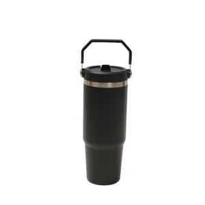 Detail view of the black 30oz insulated travel tumbler showing foldable handle and lid.