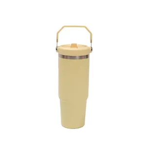 Detailed view of the 30oz insulated travel tumbler, featuring a convenient folding handle and secure lid.