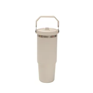 30oz insulated travel tumbler with folding handle and leakproof lid for daily commuting.