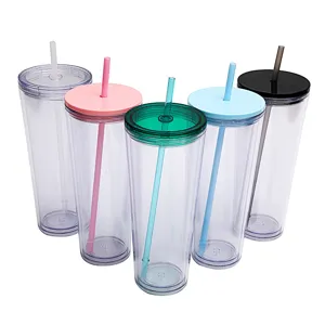 Clear plastic tumbler set with colorful lids and straws, large capacity water cup for daily use.