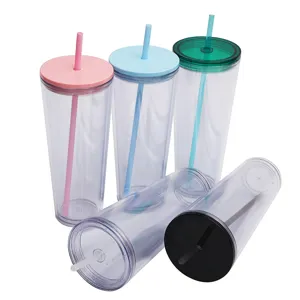 Clear plastic tumbler with straw and colorful lid large capacity reusable water bottle cup
