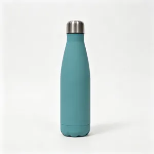 Stainless steel thermos water bottle detail, vacuum insulated cola bottle design, 500ml.