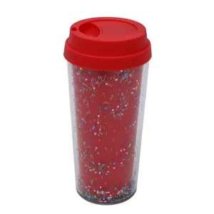 Vaso de viaje de plástico rojo de doble pared con confeti brillante colorido 16oz.