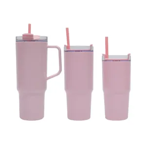 Ensemble de 3 tasses roses avec poignée, grande capacité tasse d'eau de voiture isolée avec paille.