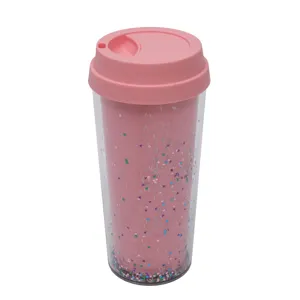Taza de Café de Viaje de Plástico Rosa 16oz Vaso de Doble Pared con Brillantina