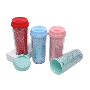 Vaso de plástico con purpurina 16oz taza de café portátil botella de agua doble pared