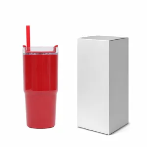 Gobelet de voiture en plastique rouge avec paille et boite blanche dimensions detaillees