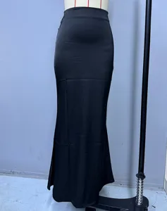Black satin maxi skirt for women, elegant long silk-feel drape skirt, minimalist apparel.