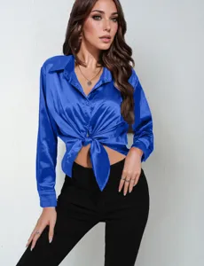 Royal blue satin long sleeve button up shirt with front tie knot detail and elegant lapel.