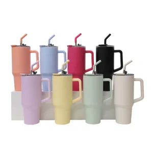40oz stainless steel insulated tumbler with handle, straw and leak-proof lid for travel.