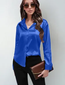 Elegant blue satin long sleeve button down shirt for women, smooth silky work blouse.