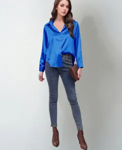 Detail shot of the stylish blue satin blouse on a model, perfect for elegant outfits.