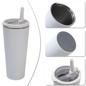 Dettaglio bicchiere termico in acciaio inossidabile con rivestimento, fondo antiscivolo e tappo.