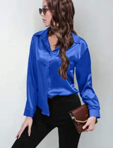 Women's Satin Silk Long Sleeve Button Down Shirt Elegant Solid Color Lapel Shirt