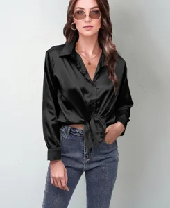 Black satin long sleeve button up shirt for women, elegant casual top with tie hem detail.