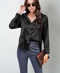 Women black satin long sleeve button down shirt, elegant silk feel blouse top for chic daily wear.