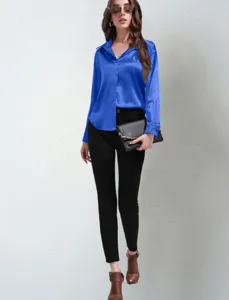 Detailed view of the elegant blue satin long-sleeve blouse with lapel collar and buttons.