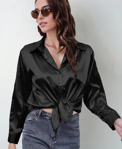 Detailed view of the black satin long sleeve tie front shirt, showcasing fabric texture.
