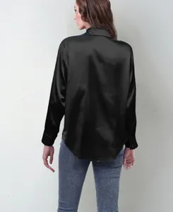 Black satin long sleeve blouse detailed view, elegant women's silk-like top shirt back.