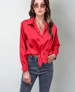 Red satin long sleeve button up shirt with front tie knot for women casual elegant top.
