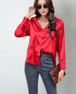 Detail view of a stylish red satin long-sleeve button-up shirt for women, elegant daily wear.