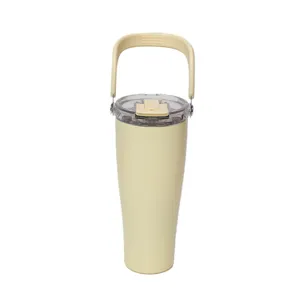 Insulated stainless steel tumbler with handle and clear lid, portable outdoor water cup.
