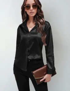 Detailed view of the elegant black satin silk long sleeve button down blouse shirt top.
