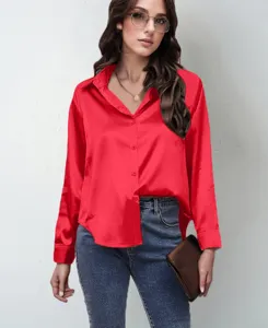 Women red satin silk long sleeve button down shirt casual elegant office blouse top