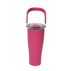 Stainless steel insulated tumbler with handle pink vacuum cup portable water bottle detail view