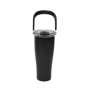 Black stainless steel insulated travel tumbler with handle and clear lid for outdoor use