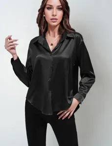 Women's satin blouse long sleeve button down shirt elegant solid color silk feel office top