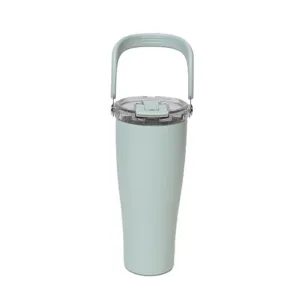 Stainless steel insulated tumbler with handle and clear lid, perfect for outdoor and travel use.