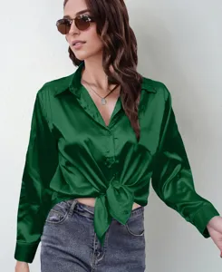 Dark green satin long sleeve button-up shirt for women, elegant knot front blouse top.