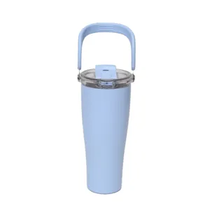 Stainless steel insulated tumbler with handle and clear lid, blue travel water bottle for office outdoor.