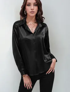 Detailed view of the elegant black satin long-sleeve button-down shirt with classic collar.