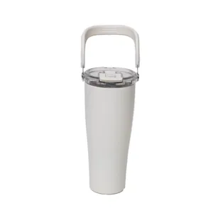 Stainless steel insulated tumbler detail, white portable water cup with handle and lid.